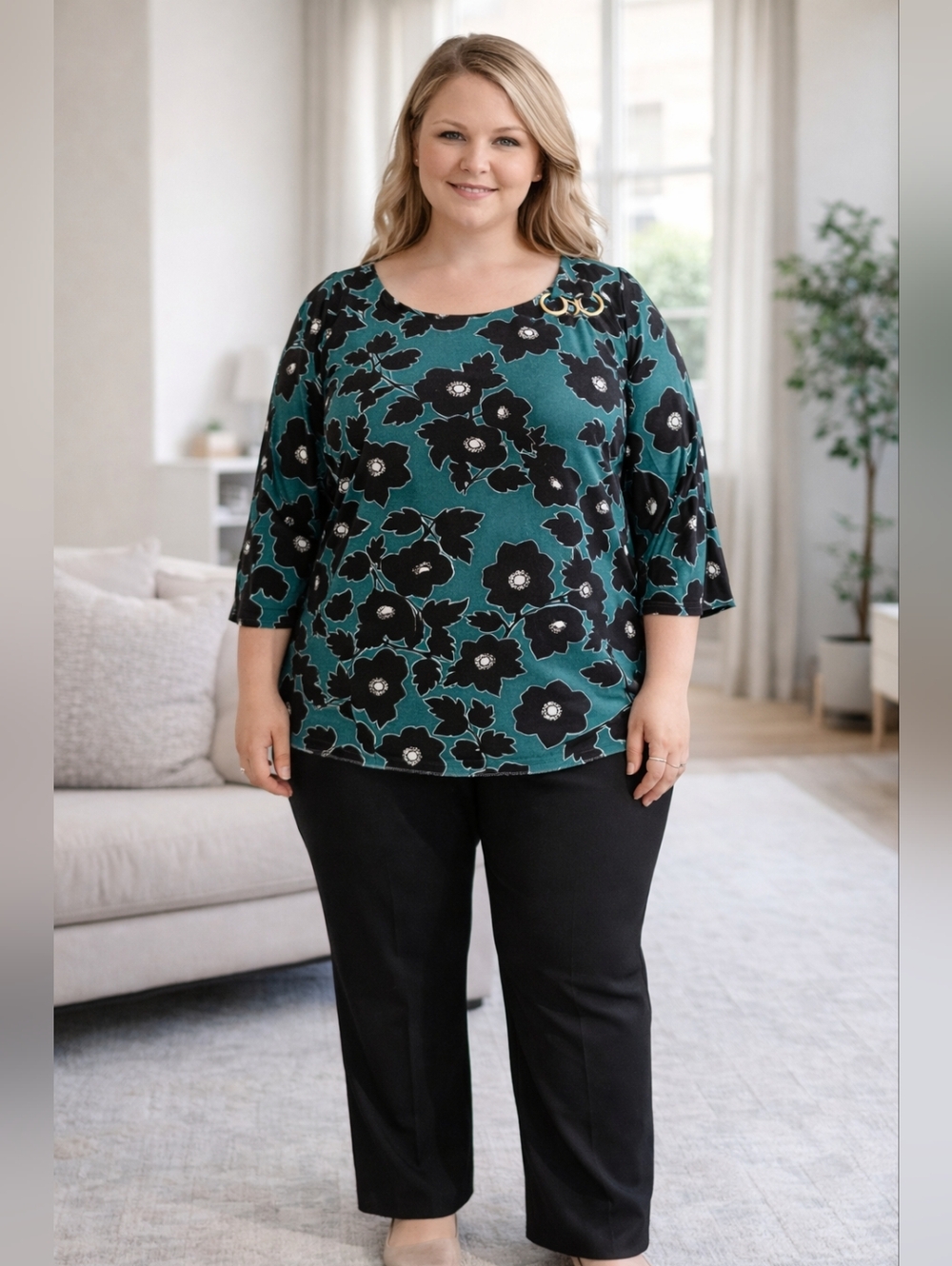 Adrienne Vittadini 2X Teal Black Floral Blouse 3/4 Sleeve Plus Size Top‎